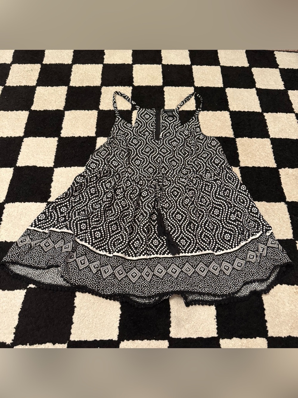 Torrid Black & White Pattern Back Zip Babydoll Tassel Tank Top
